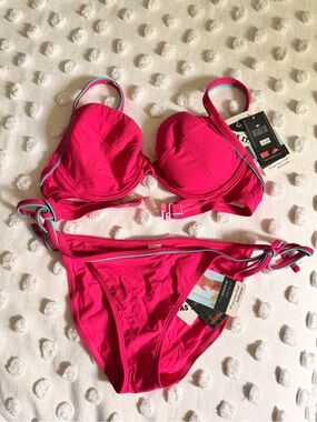 NWT Sise 34D Panache Hot Pink Bikini Set with Teal Trim